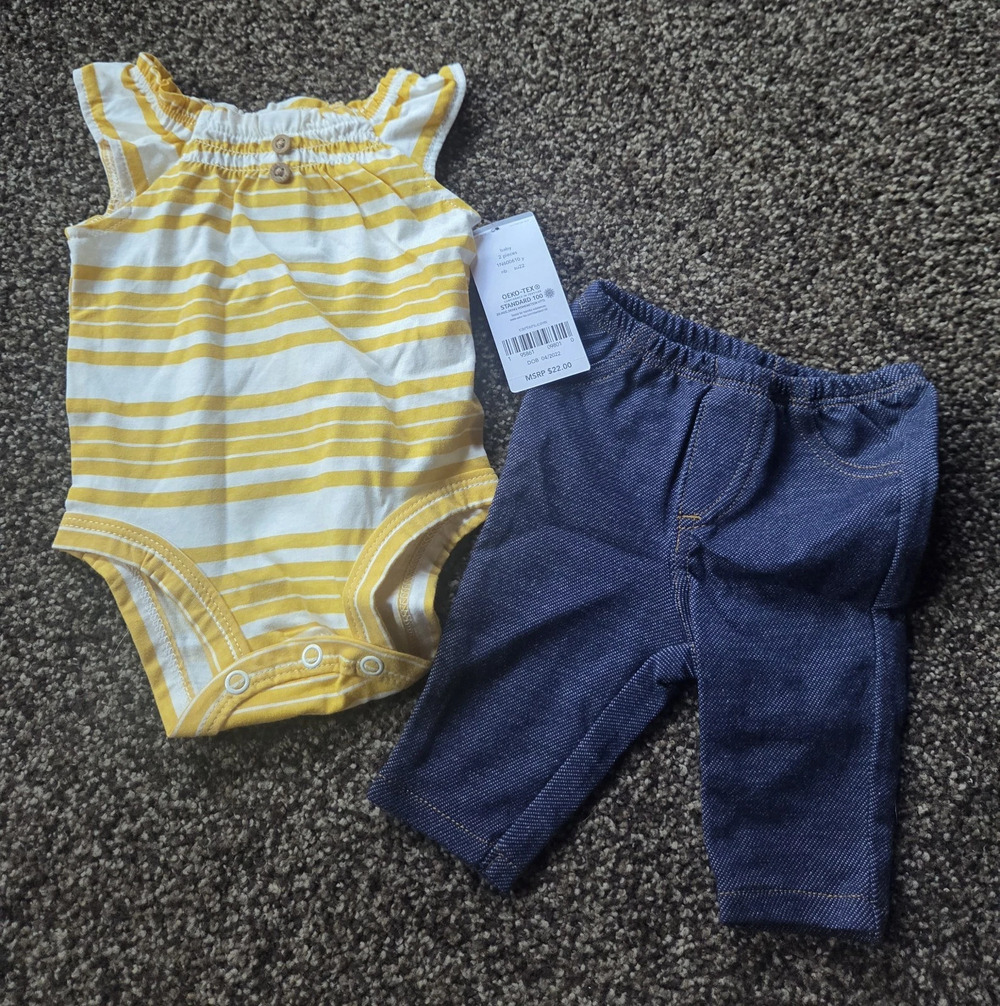 Newborn Baby Girl 2-Pc Bodysuit & Blue Pant Set Yellow & White Striped Tank NWT